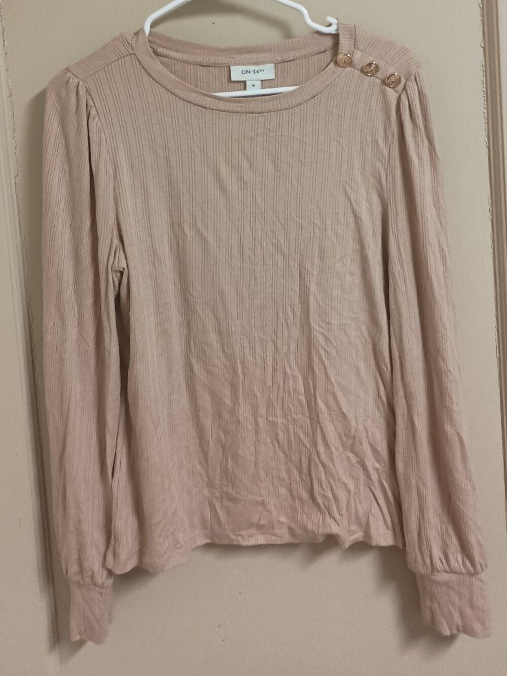 ON 34TH Nude/Tan Ribbed Knit Long Sleeve Blouse, Gold Accent Buttons - Med